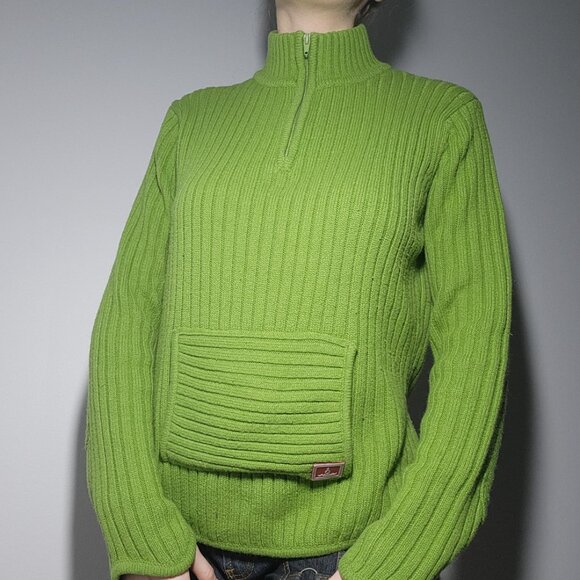 Vintage Y2K comfy bright apple green knit sweater ✦ High neck quarter zip-up top - Picture 4 of 15